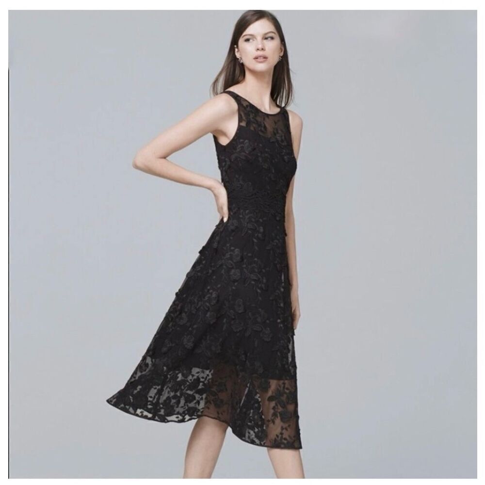 White House Black Market Women’s Black Lace Appliqué Sleeveless Midi Dress